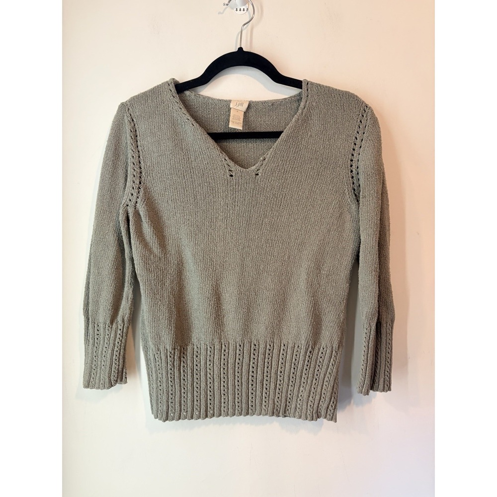 Vintage J Jill Silk Linen Blend Textured Sweater V Neck Size Small Green/gray